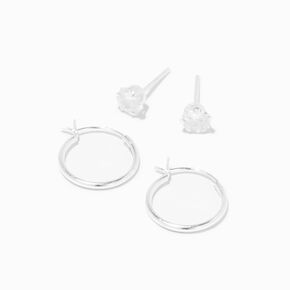 Icing Select Sterling Silver Cubic Zirconia 5MM Round Stud &amp; 14MM Hoop Earrings,