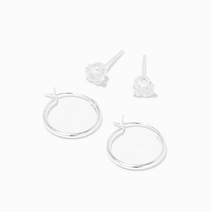 Icing Select Sterling Silver Cubic Zirconia 5MM Round Stud &amp; 14MM Hoop Earrings,