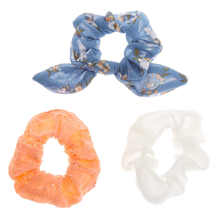 Floral Eyelet Hair Scrunchies - Blue, 3 Pack,