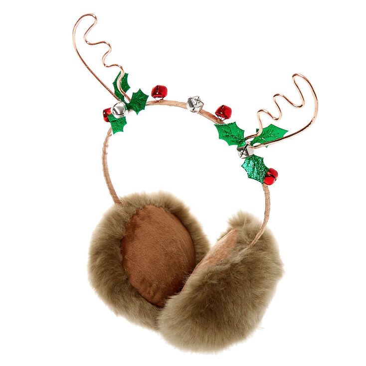 Rose Gold Reindeer Antler Fuzzy Ear Muffs - Brown,