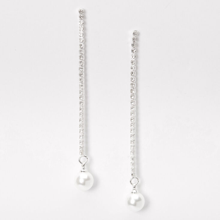 Silver 2.5&quot; Rhinestone Single Pearl Linear Drop Earrings,