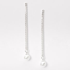 Silver 2.5&quot; Rhinestone Single Pearl Linear Drop Earrings,