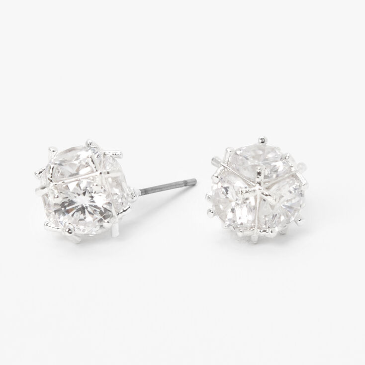 Silver Cubic Zirconia Pave Ball Stud Earrings,