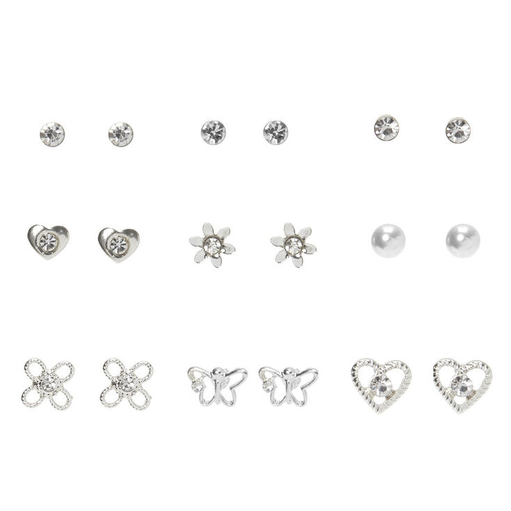 Silver Crystal Stud Earrings - 9 Pack,