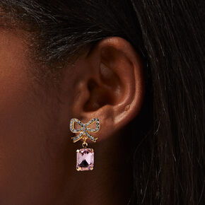 Gold-tone Pink Crystal Bow 1&quot; Drop Earrings,