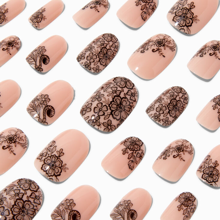 Black Lace Pink Round Vegan Faux Nail Set -  24 Pack,