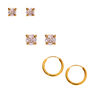 18kt Gold Plated Cubic Zirconia Mixed Crystal Stud &amp; Hoop Earrings - 3 Pack,