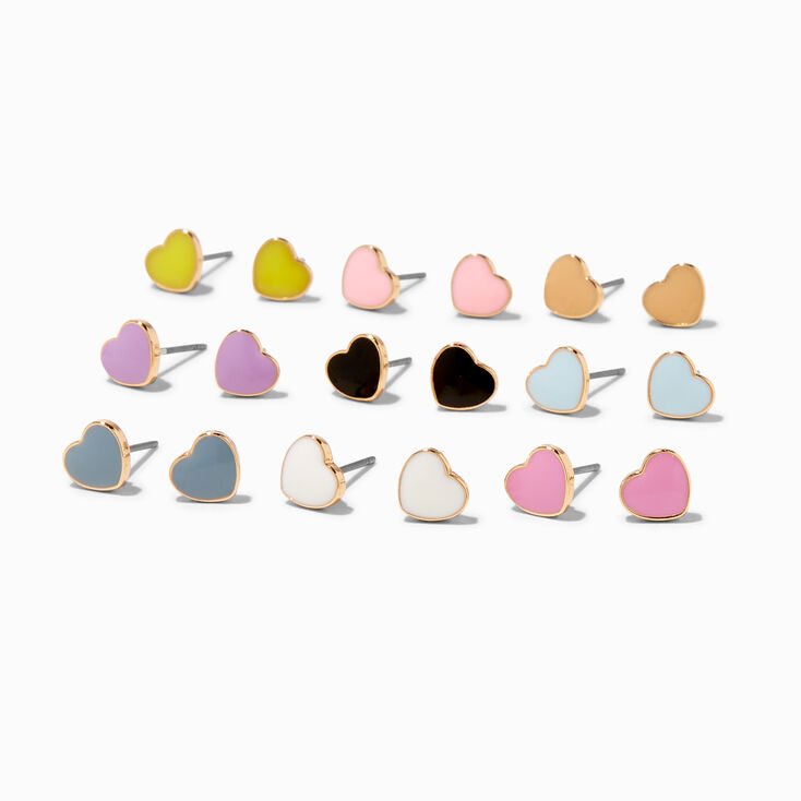 Gold Enamel Hearts Stud Earrings - 9 Pack,