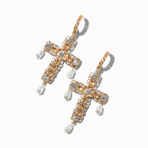 Gold-tone Pearl Cross Hoop 3&quot; Drop Earrings ,