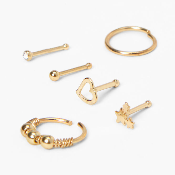 Gold-tone 20G Star Heart Mixed Nose Rings - 6 Pack,
