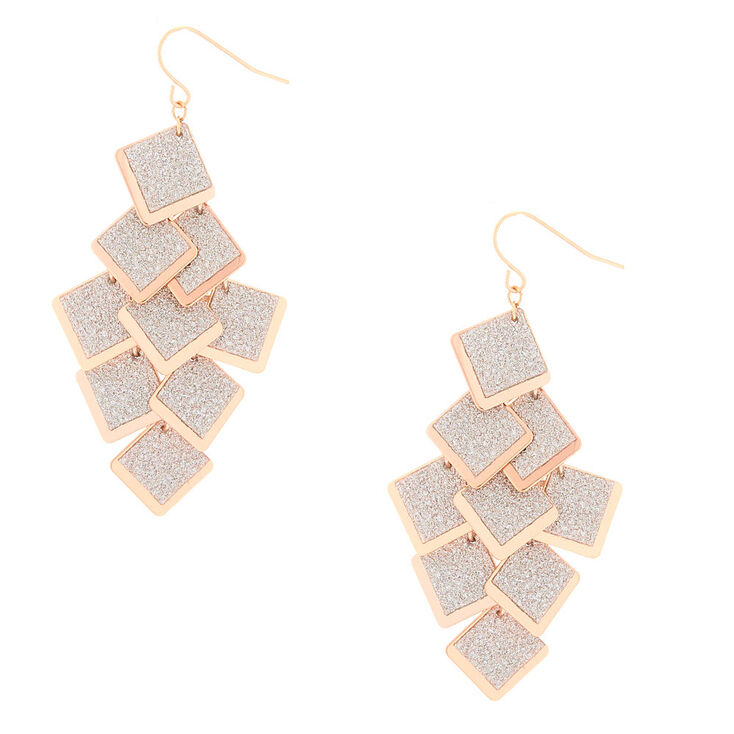 Rose Gold 2.5" Glitter Square Drop Earrings,