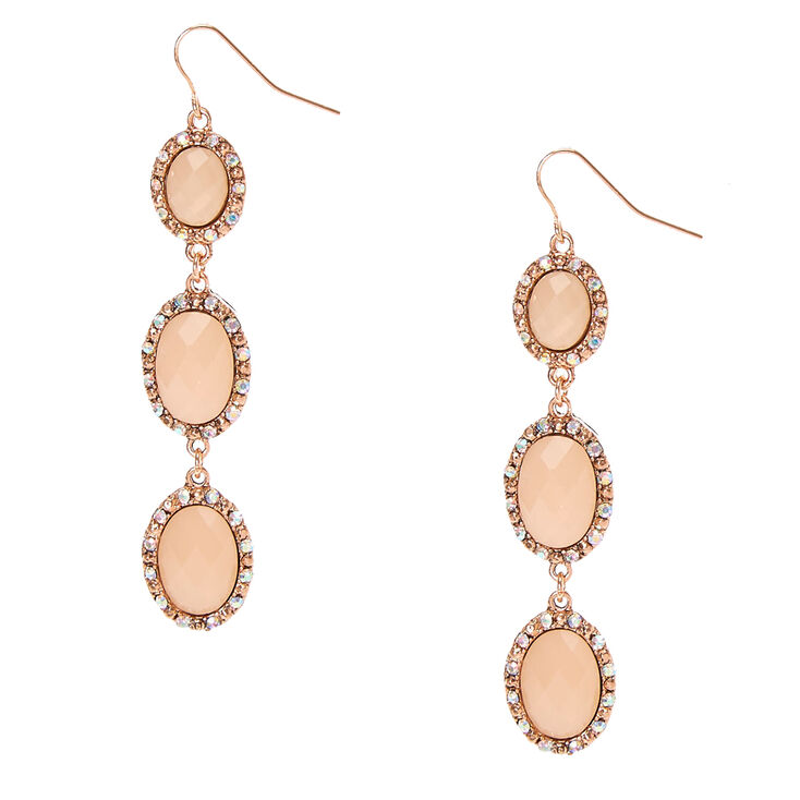 Rose Gold Tone Framed Peach Pillowed Oval Beads Linear Drop Earrings,