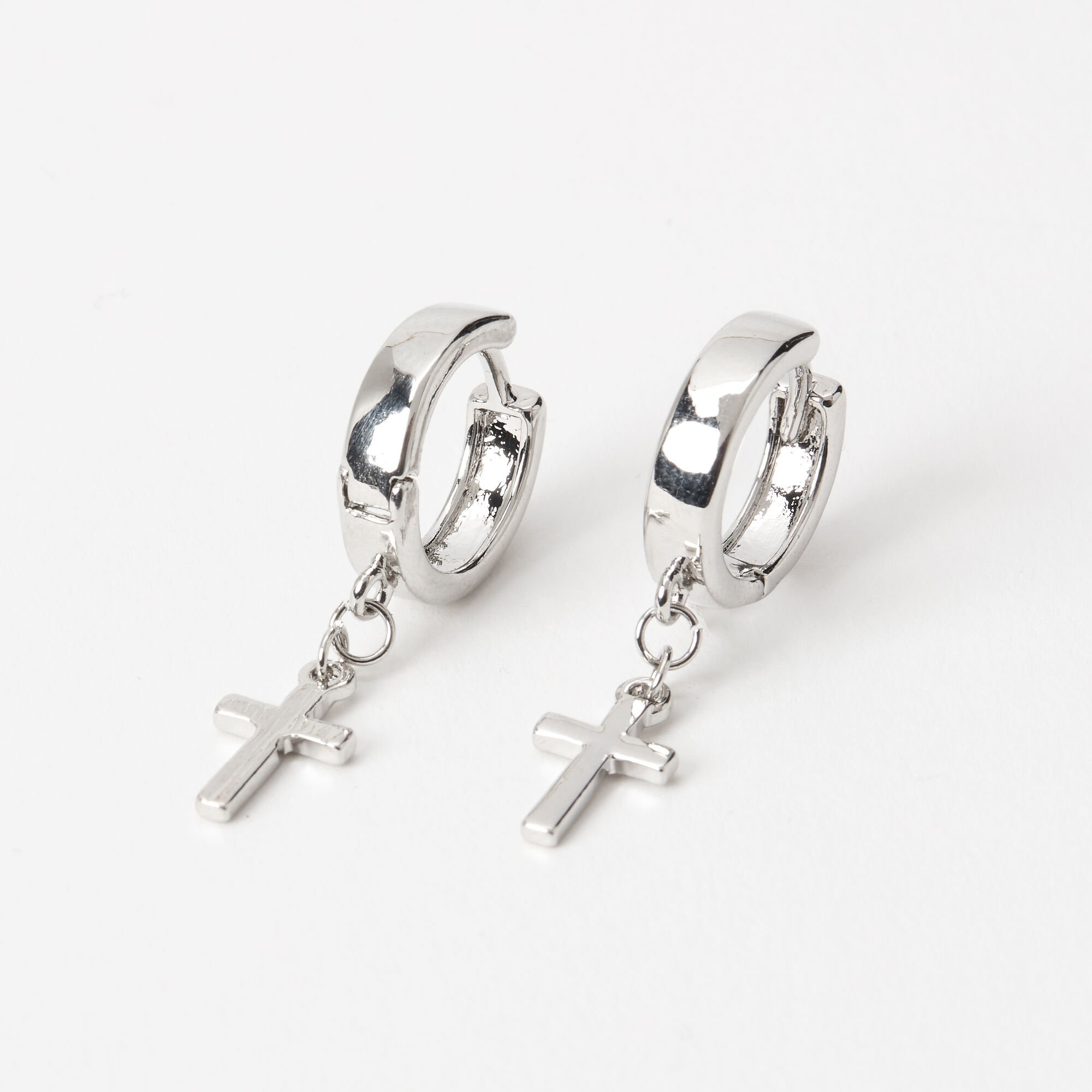 Silver 15MM Cross Huggie Hoop Earrings Icing US
