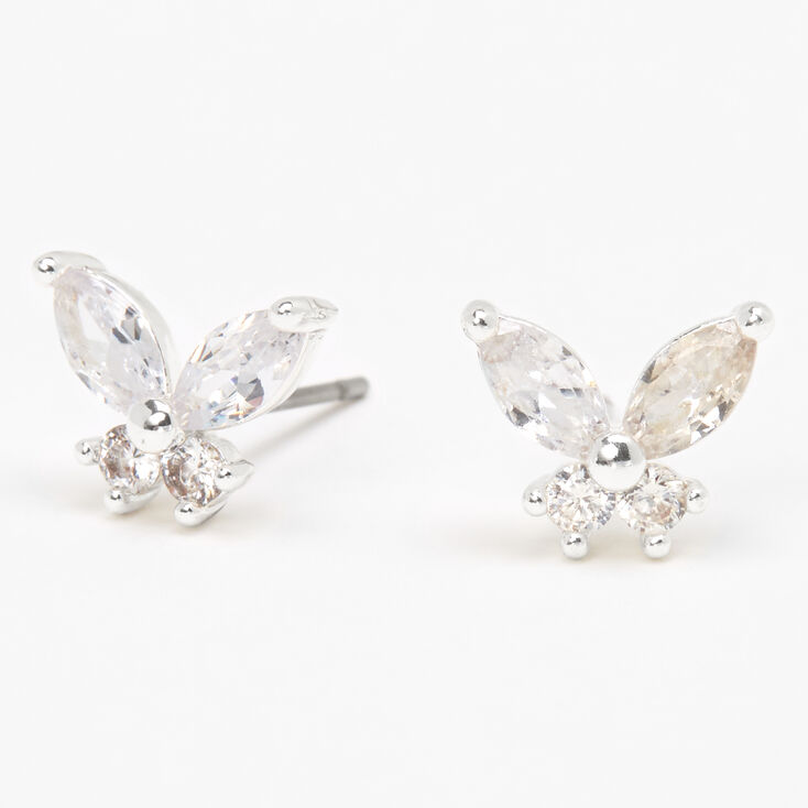 Silver-tone Cubic Zirconia Butterfly Stud Earrings,