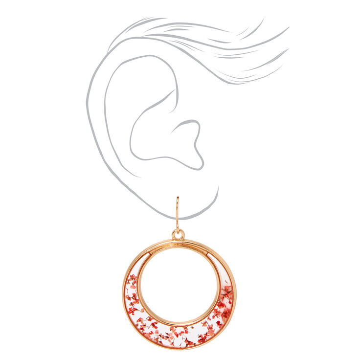 Gold 1.5&quot; Resin Floral Hoop Drop Earrings - Red,