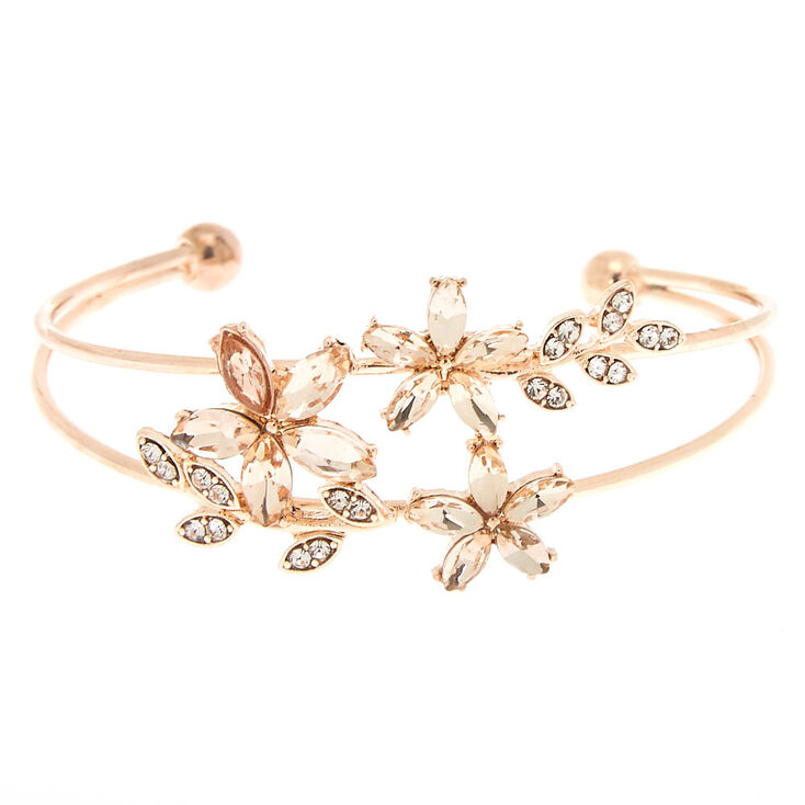Rose Gold Rhinestone Floral Cuff Bracelet,