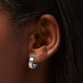 Silver-tone Stainless Steel Huggie Hoop &amp; 7MM Cubic Zirconia Round Stud Earrings,