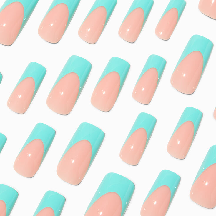 Light Blue French Tip Long Square Vegan Faux Nail Set - 24 Pack,