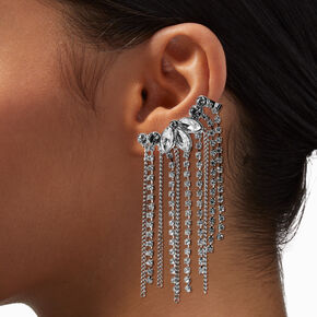 Silver-tone Crystal Cup Chain Fringe Ear Crawler Earrings,