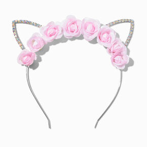 Pink Flower Iridescent Crystal Cat Ears Headband,