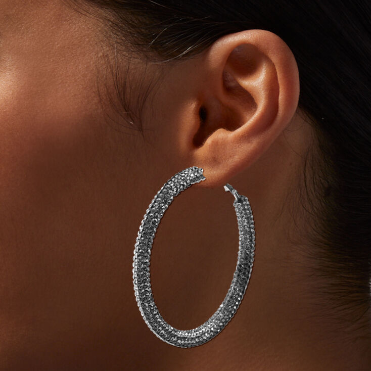 Silver Crystal 70MM Thick Hoop Earrings,