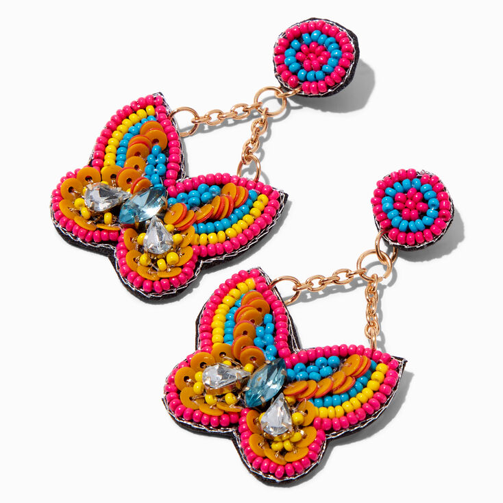 Pink Beaded Butterfly 2&quot; Drop Earrings,