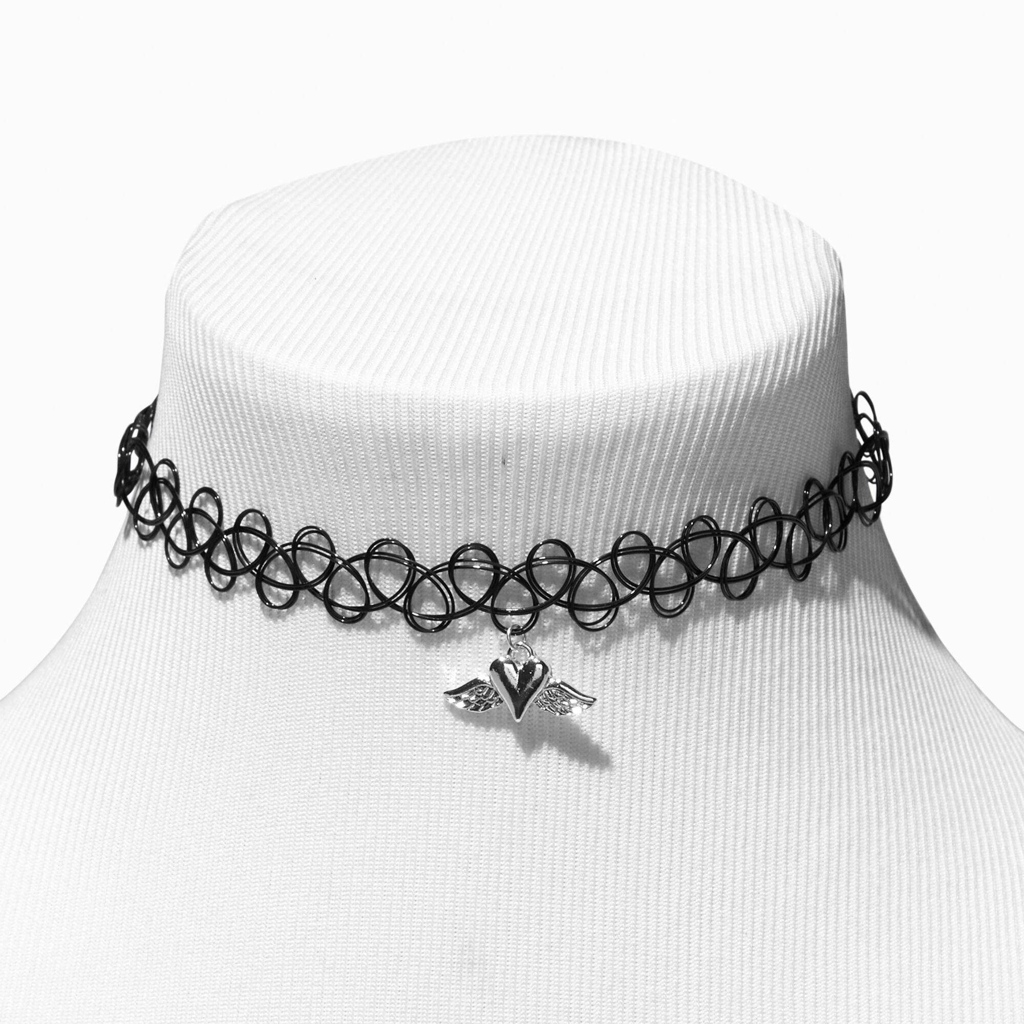 Silver Heart Angel Wing Pendant Black Tattoo Choker Necklace