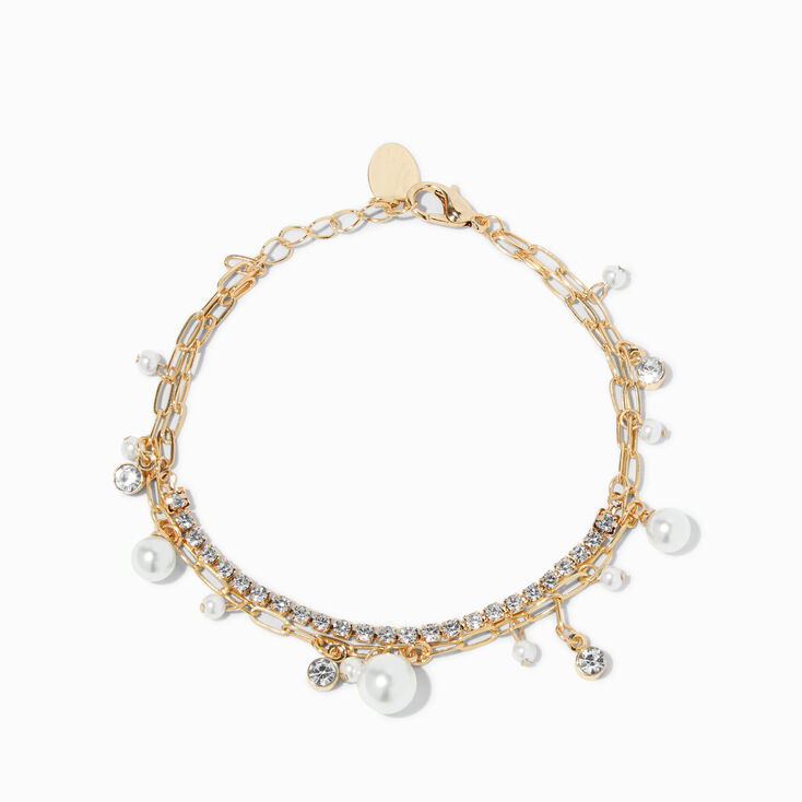 Pearl &amp; Crystal Gold Paperclip Chain Bracelet,