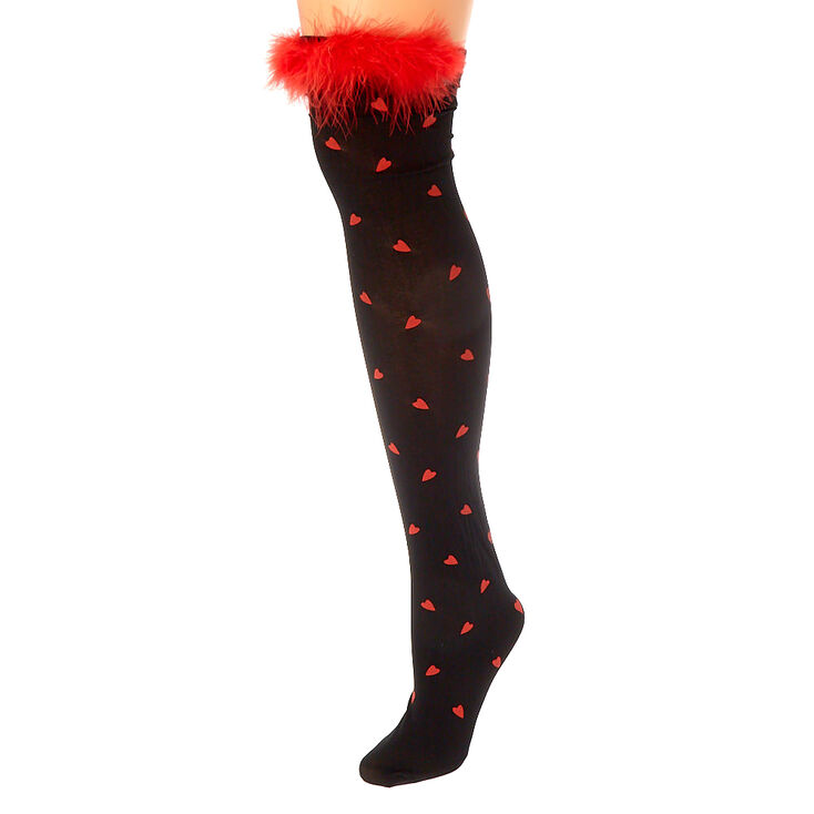 Fur Hearts Over the Knee Socks - Black,