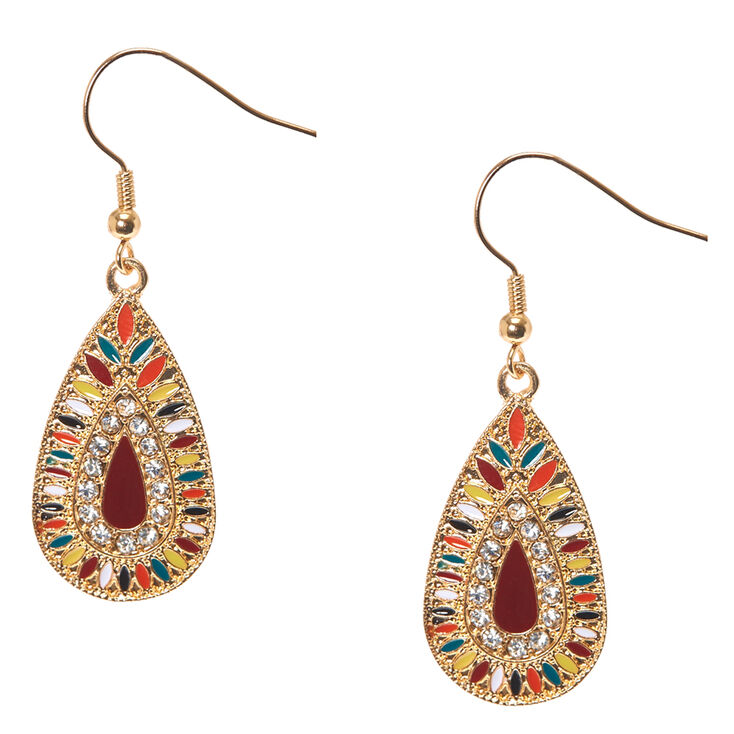 Colorful Gold Tone Teardrop Medallion Drop Earrings,