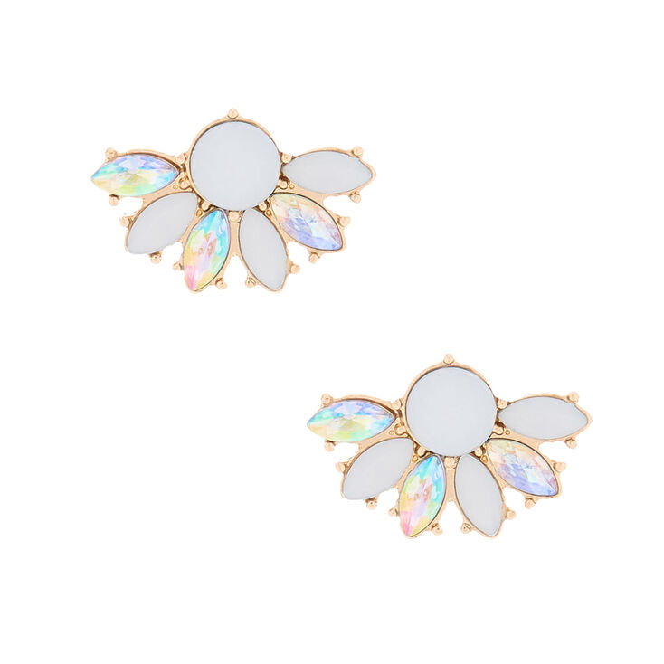 Gold Crystal Fan Stud Earrings - White,