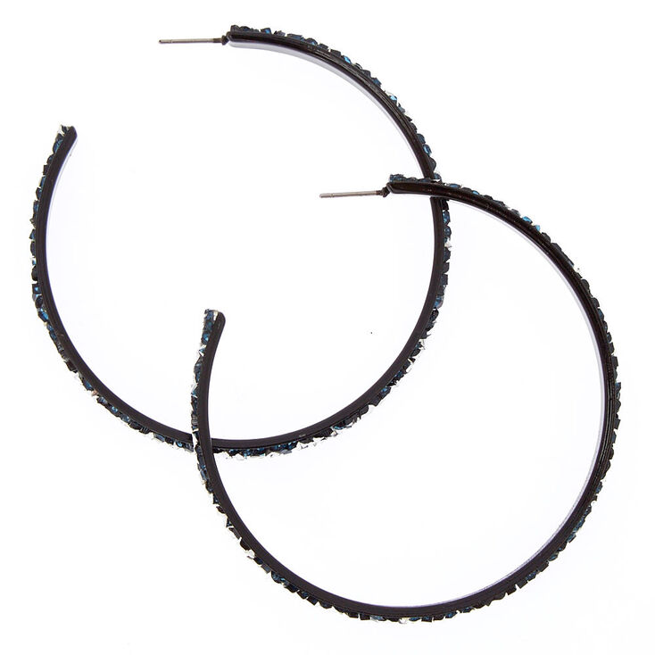 60MM Faux Silver & Blue Pavè Stone Black Hoop Earrings,