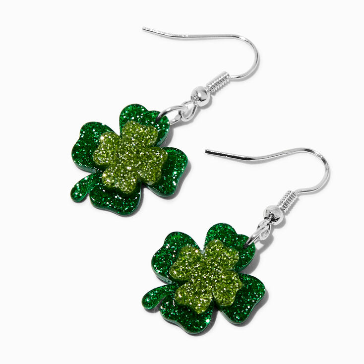 Glittery Double Shamrock Drop Earrings,