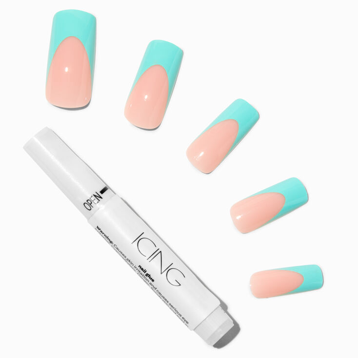 Light Blue French Tip Long Square Vegan Faux Nail Set - 24 Pack,