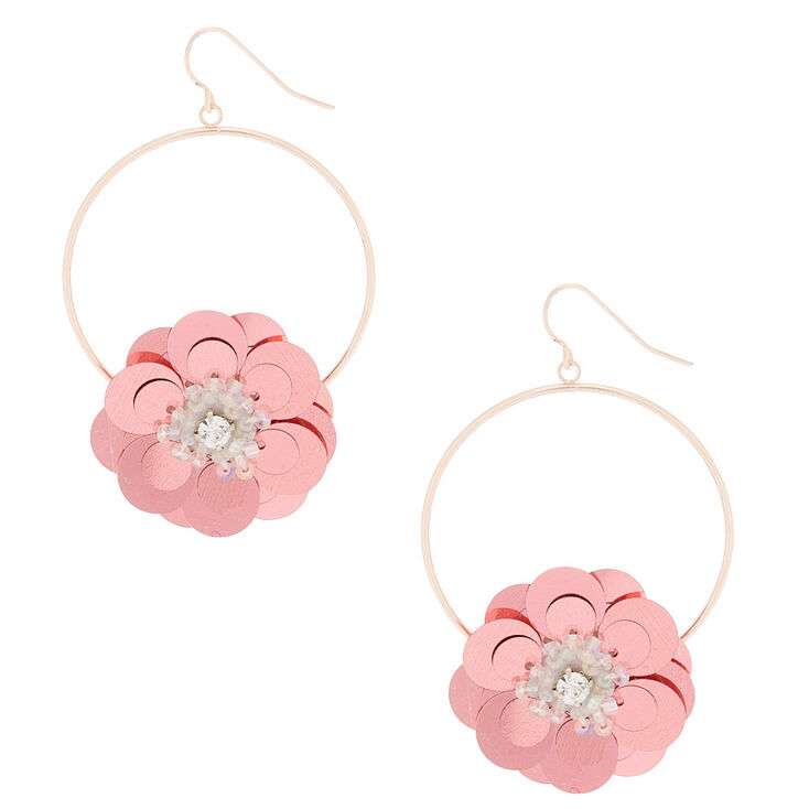 Rose Gold 2.5" Sequin Flower Drop Earrings - Pink,