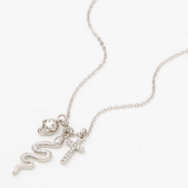 Silver Cross, Snake &amp; Skull Pendant Necklace,