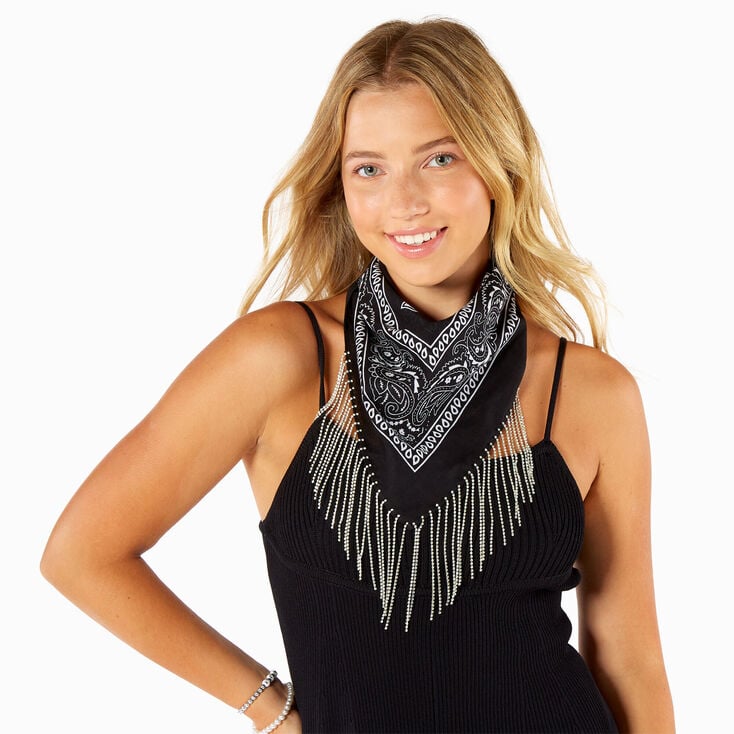 Crystal Fringe Black Bandana,