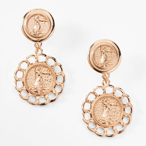 Rose Gold 2&quot; Coin Charm Drop Earrings,