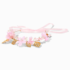 Gold-tone Pink Flower Crown Tie Headwrap,