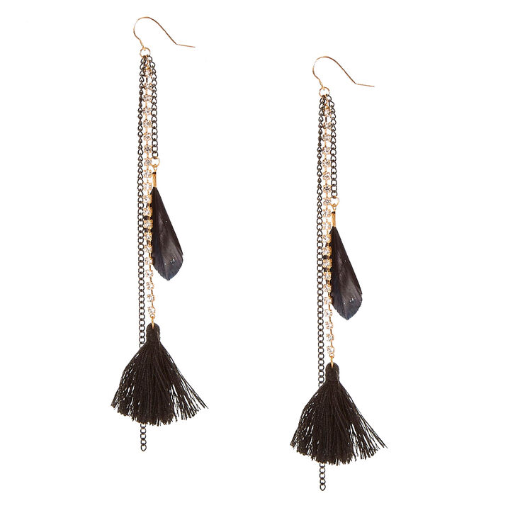 Gold Tone Faux Crystal Chain & Black Tassel Drop Earrings,