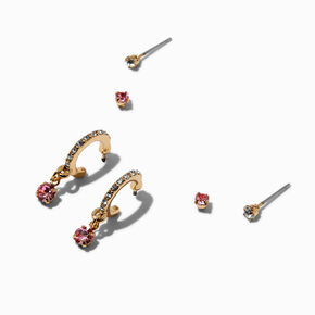 Gold-tone Pink Stone Earring Stackables Set - 3 Pack,