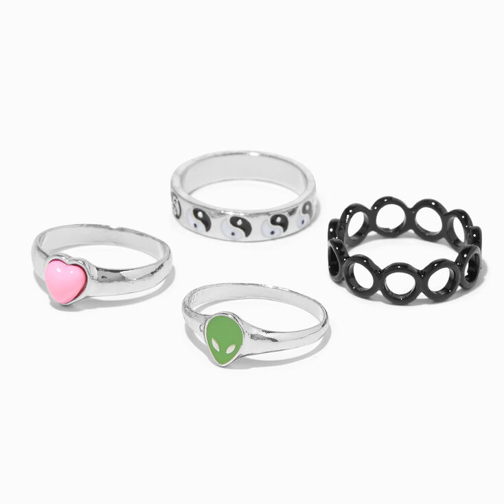 Green Alien, Yin Yang, Heart, &amp; Black Circles Rings - 4 Pack,