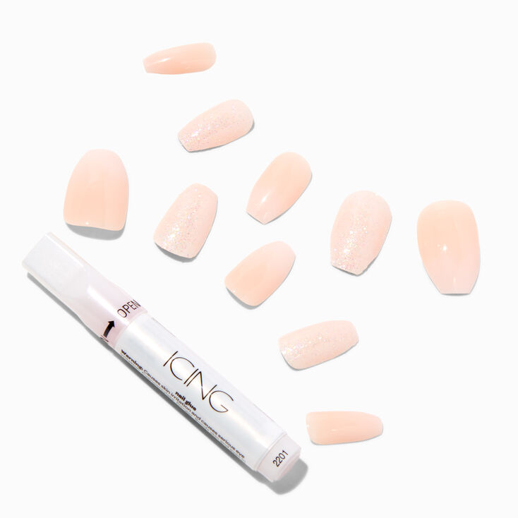 Nude Glitter Coffin Vegan Faux Nail Set - 24 Pack,