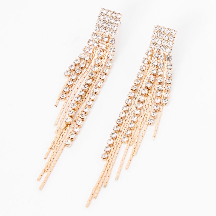 Gold 3&quot; Rhinestone Linear Graduated Fringe Drop Earrings,