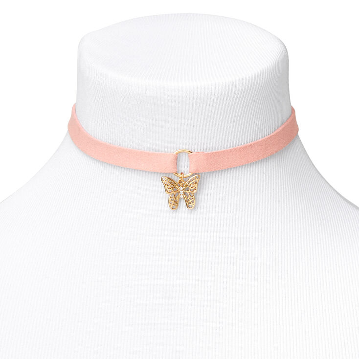 Gold Butterfly Charm Cord Choker Necklace - Pink,