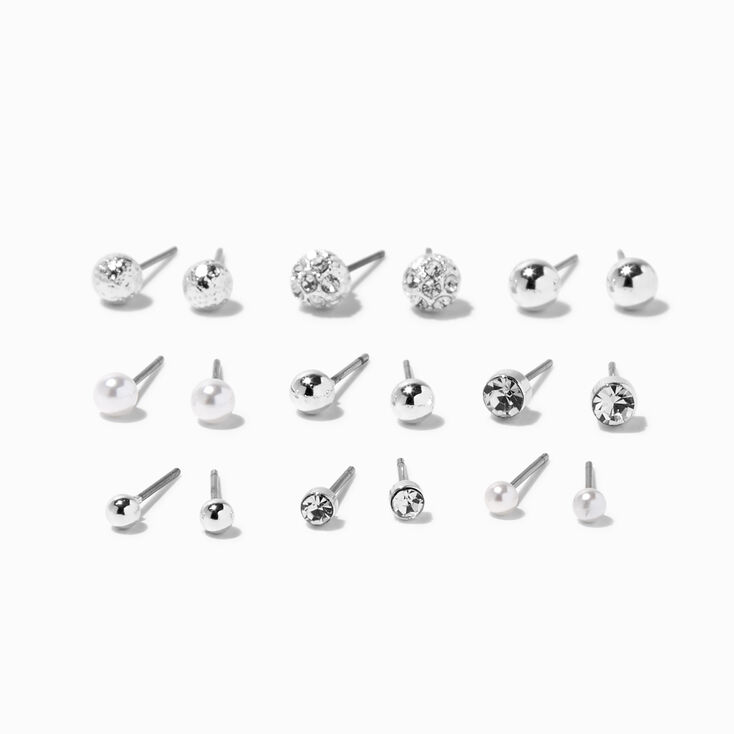Silver Pearl Stud Earrings - 9 Pack,
