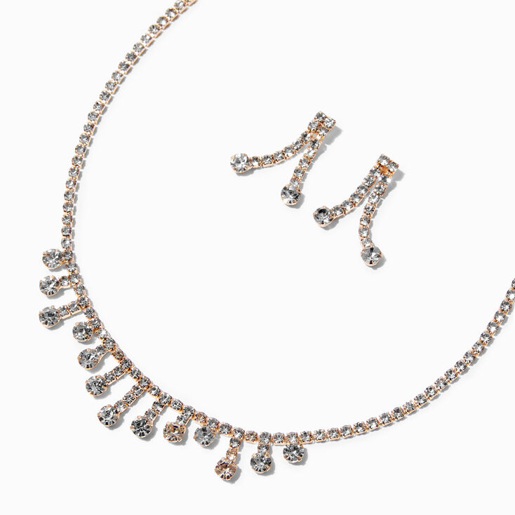Rose Gold Mini Drip Crystal Fringe Statement Necklace &amp; Drop Earrings Set - 2 Pack,