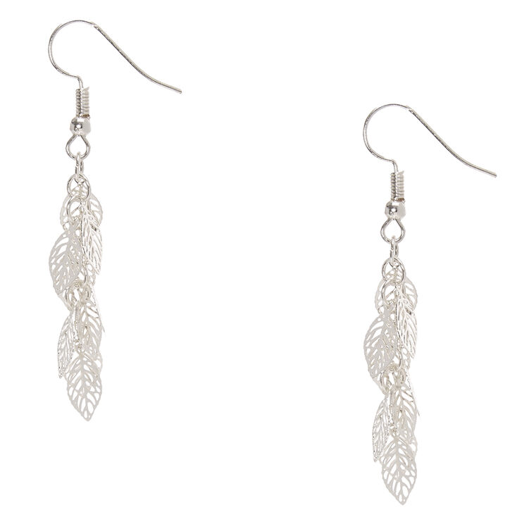 Silver Tone Filigree Leaves Drop Earrings,