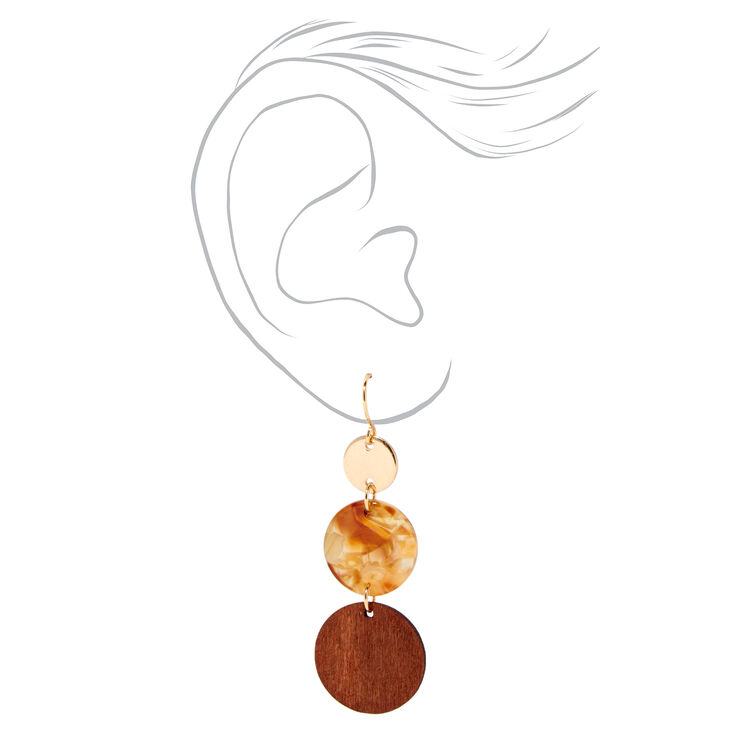 Gold 2&quot; Wood &amp; Tortoiseshell Disc Drop Earrings,