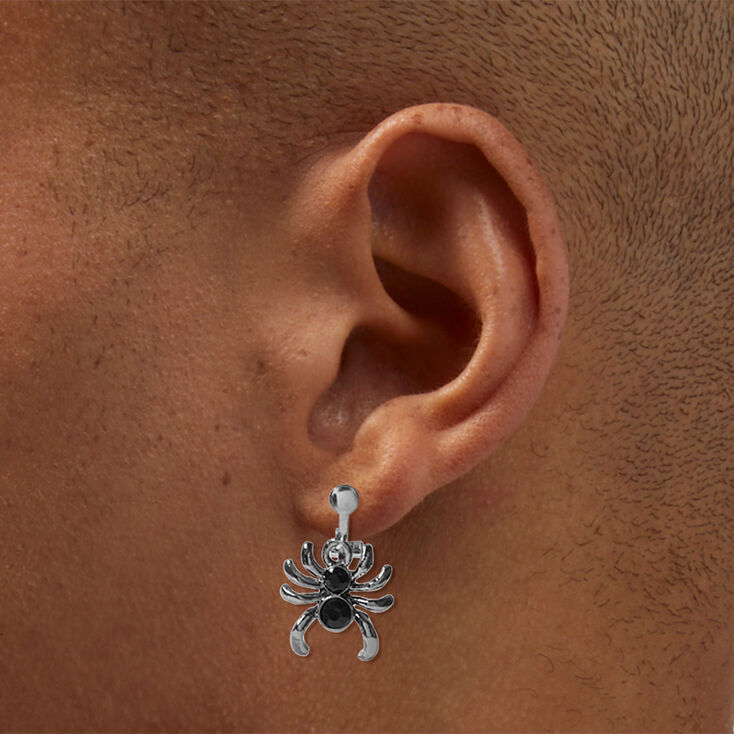 Black Gemstone Spider Clip-On Drop Earrings,